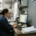Wystawianie faktury elektronicznej przy komputerze w biurze warsztatu