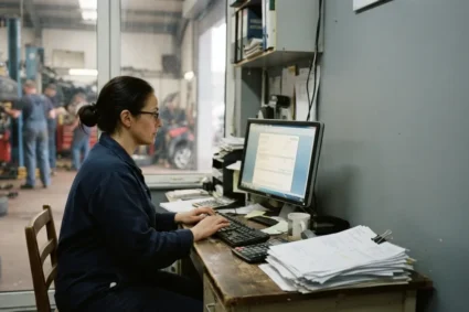 Wystawianie faktury elektronicznej przy komputerze w biurze warsztatu